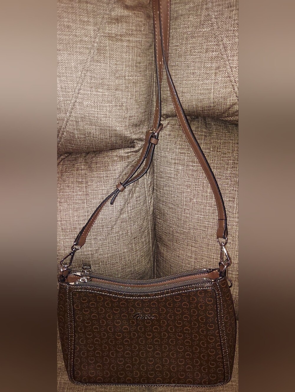 Guess Brown Monogram Crossbody Bag with Adjustable Strap